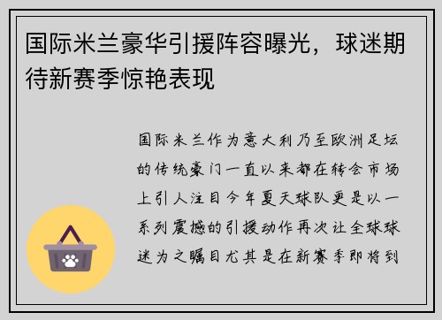 国际米兰豪华引援阵容曝光，球迷期待新赛季惊艳表现