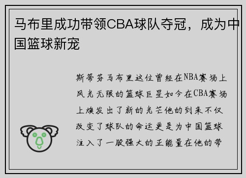 马布里成功带领CBA球队夺冠，成为中国篮球新宠