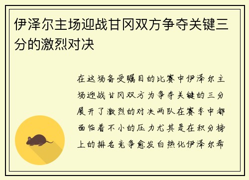 伊泽尔主场迎战甘冈双方争夺关键三分的激烈对决